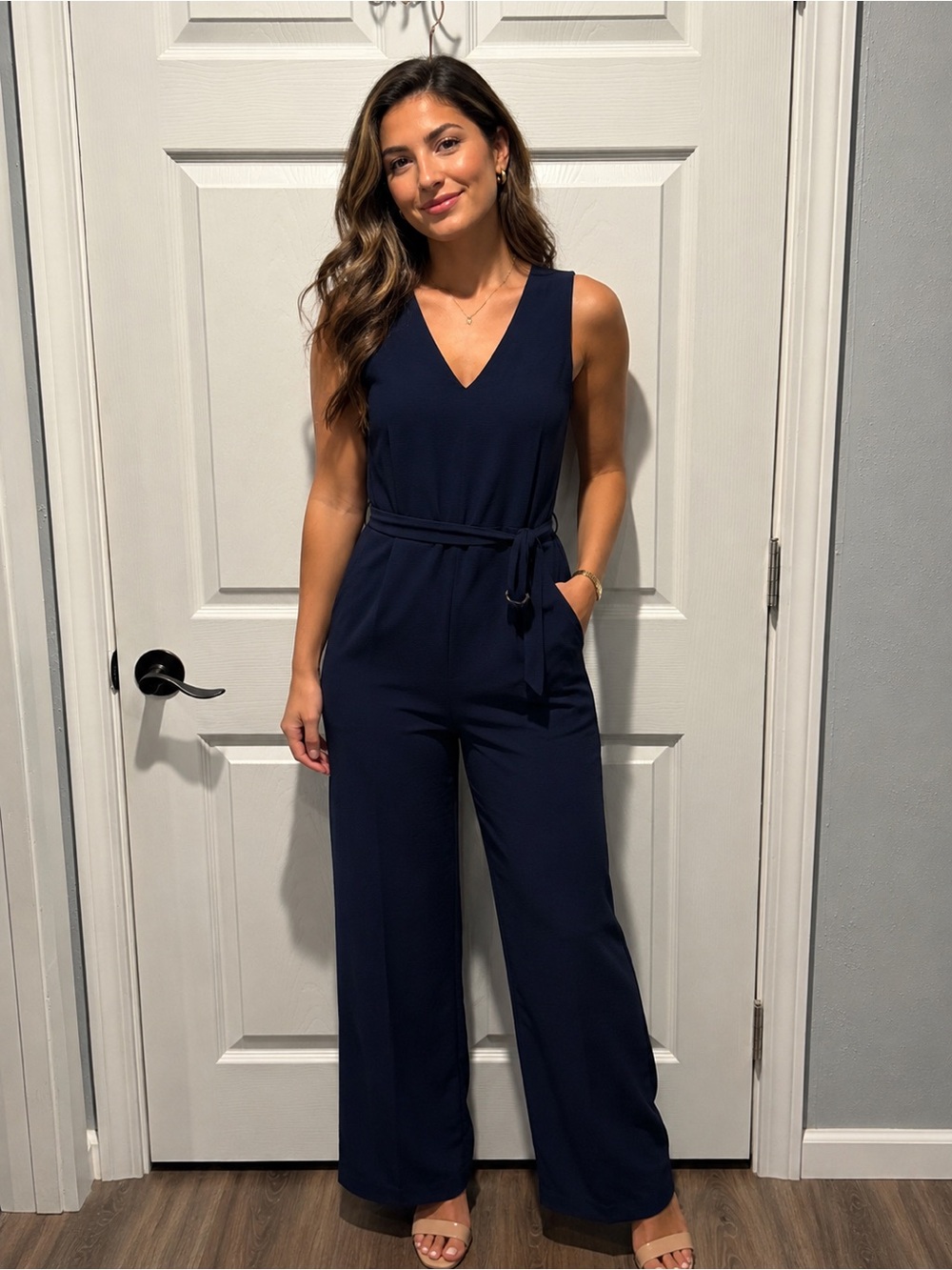 NWT Michael Kors Navy V-Neck Sleeveless Belted Jumpsuit